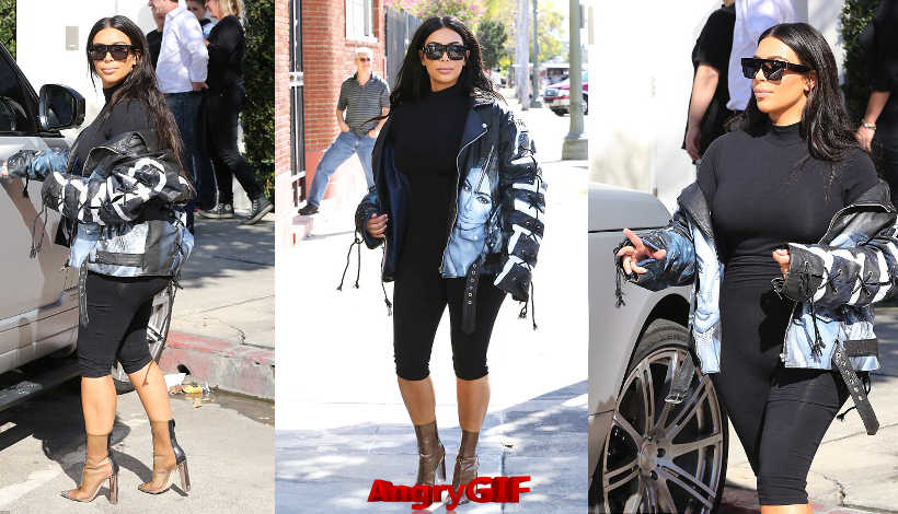 Kim Kardashian steps out in Yeezy perspex boots and spray painted biker jacket